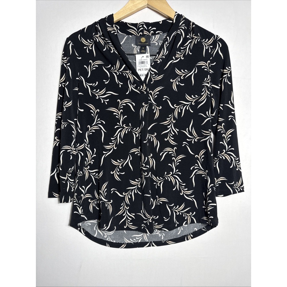 JM Collection Women's Printed 3/4 Sleeve V-neck‎ Knit Top Petite Small Black